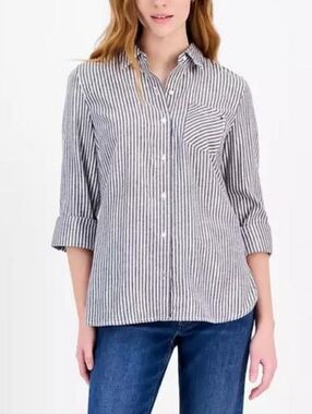 Tommy Hilfiger Women’s Gray & White Striped Button Down ~ Size Medium